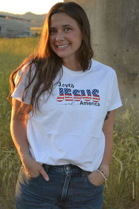 🇺🇸 Fun Super Tank or Tee – Loves Jesus &amp; America 🇺🇸